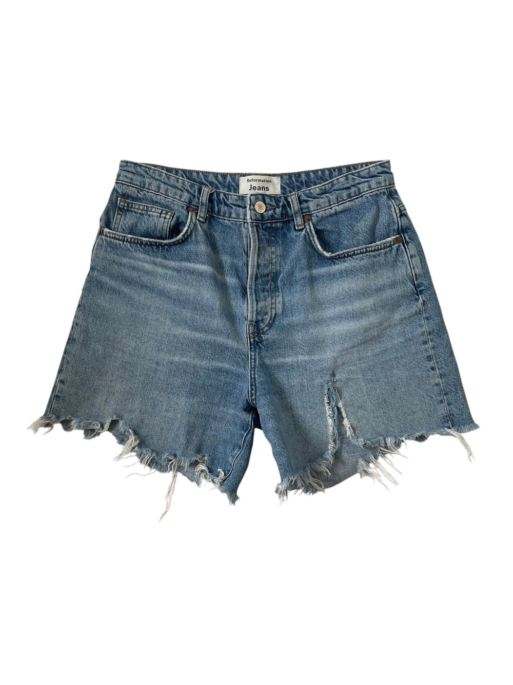 Reformation Raye Mid-Rise Relaxed Jean Shorts - Blue Denim - Distressed - Sz 28